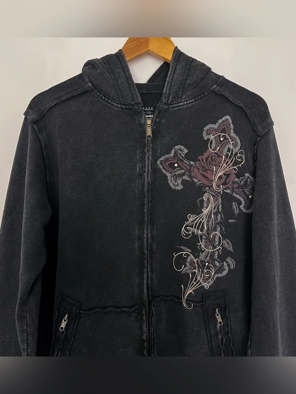 Affliction Zip Up Hoodie Sweatshirt Cross Skull Embroidery Size Small Gray Black